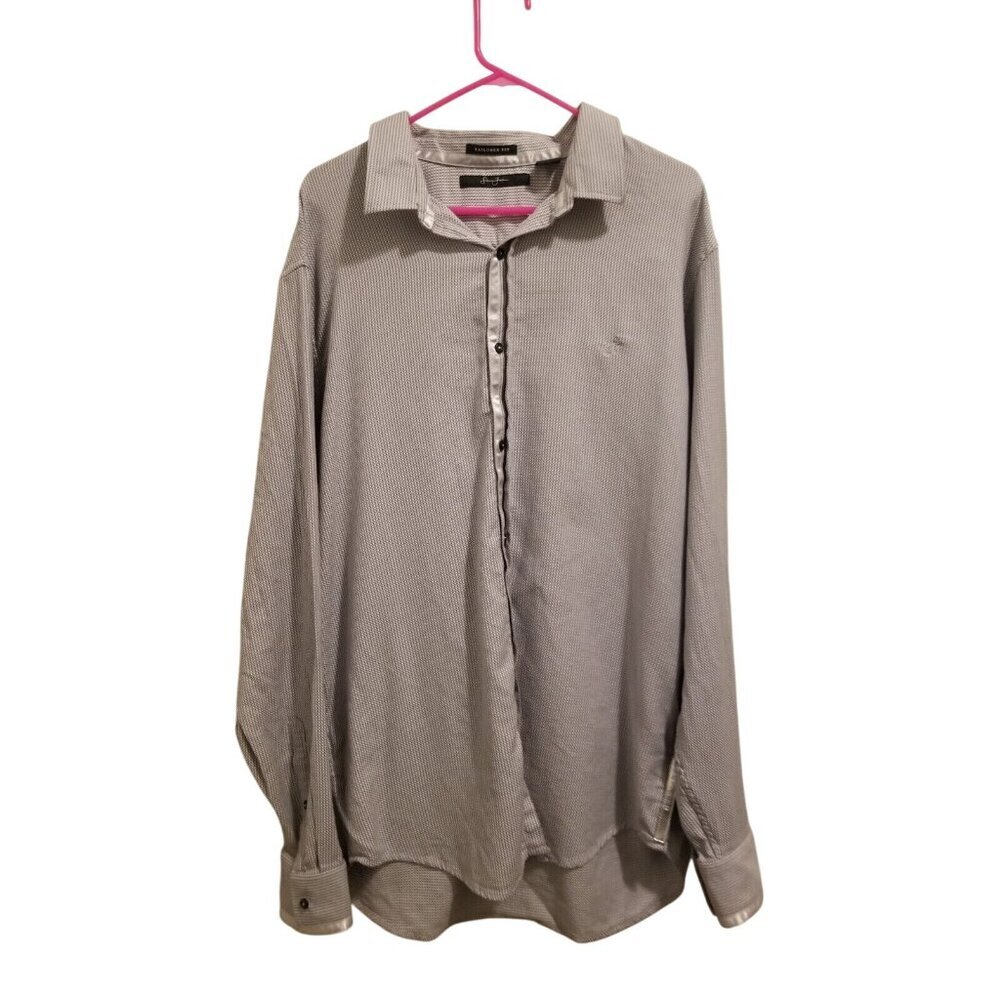 Sean John Tailored Fit Mens Long Sleeve Dress Shirt XXXL Metallic Silver Checker